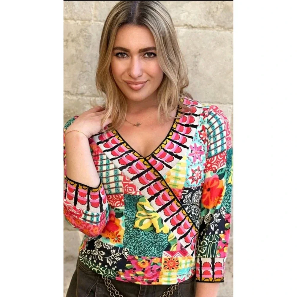NEW Aldo Martins SZ M-L  Double V Neckline Vibrant Pullover Top $250